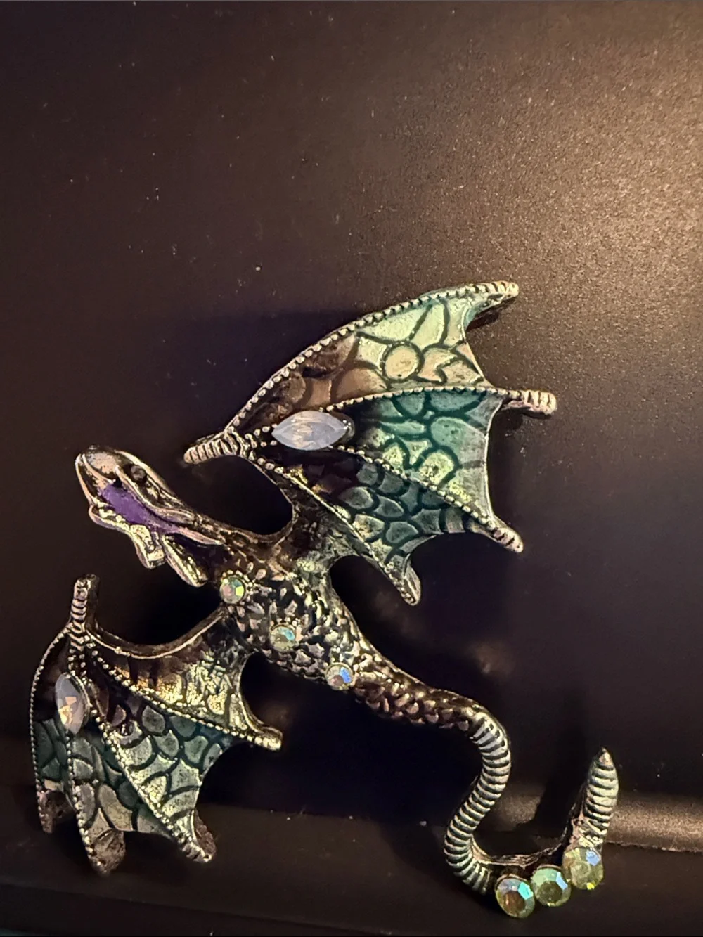 Dragon Brooch Lapel Pin Teal & Black- Gold and Iridescent Rhinestone